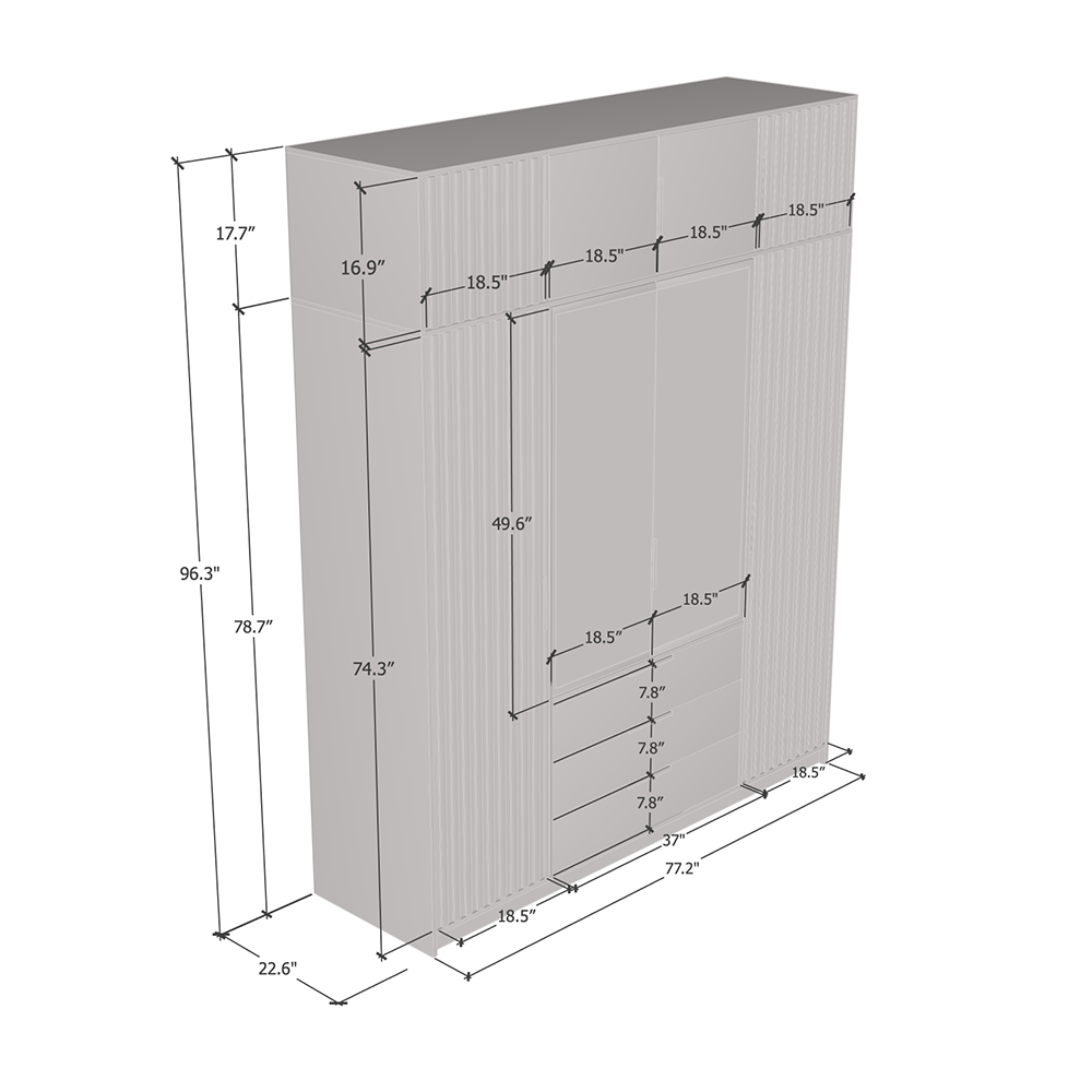 Bali Lux 4D Wardrobe with Extension, dimensions diagram