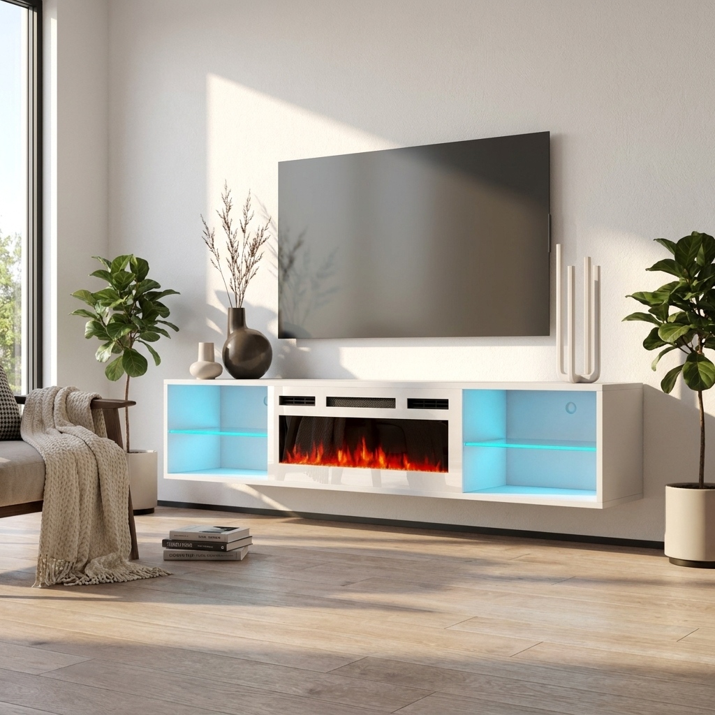 Lima WH-EF Floating Fireplace TV Stand, White, photo 2 of 7