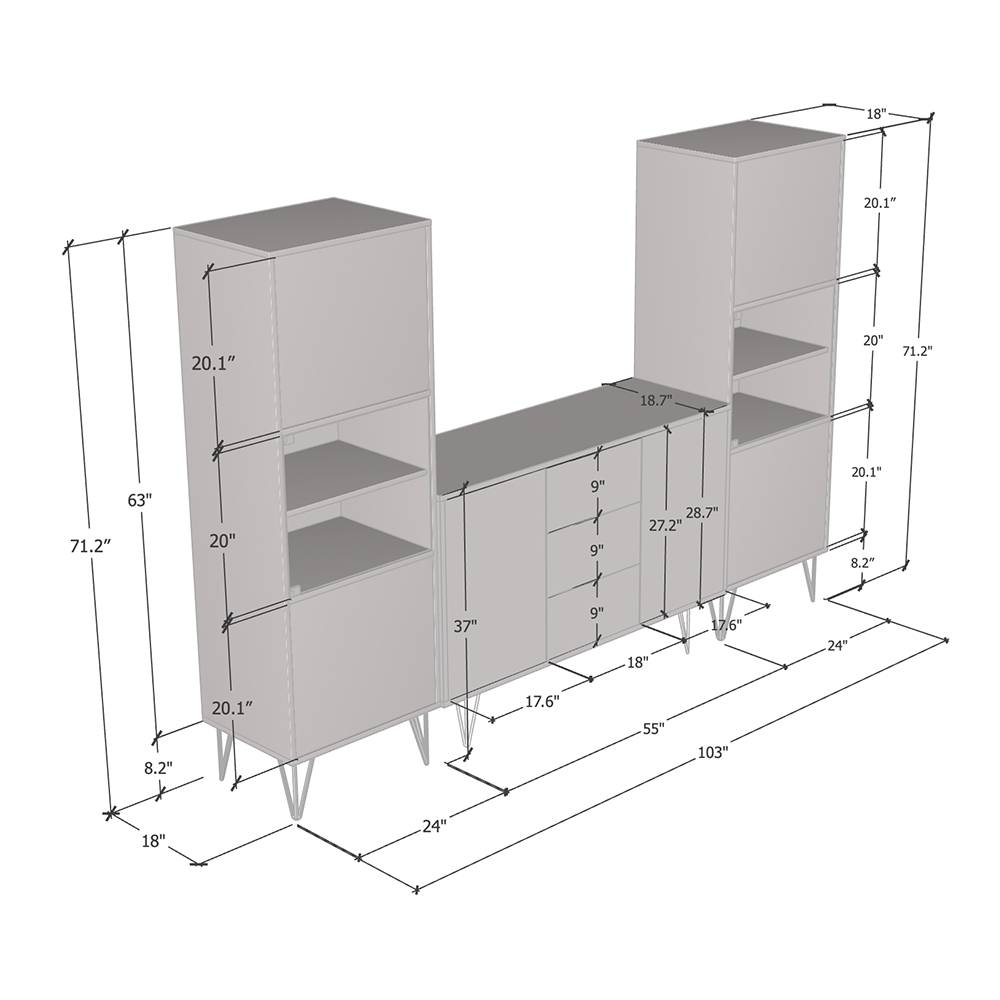 Peri SB-BK-BK Entertainment Center, dimensions diagram